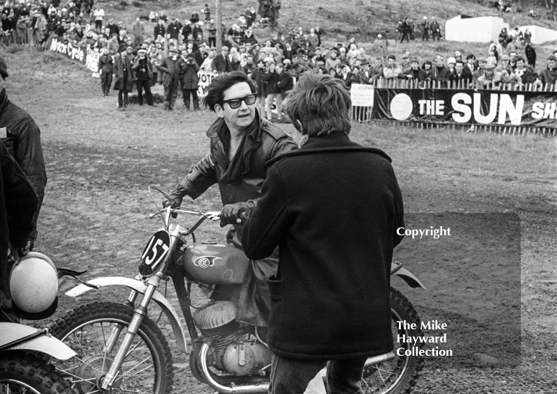 American singer Roy Orbison on the CZ of Dave Bickers, 1966 ACU Championship meeting, Hawkstone.