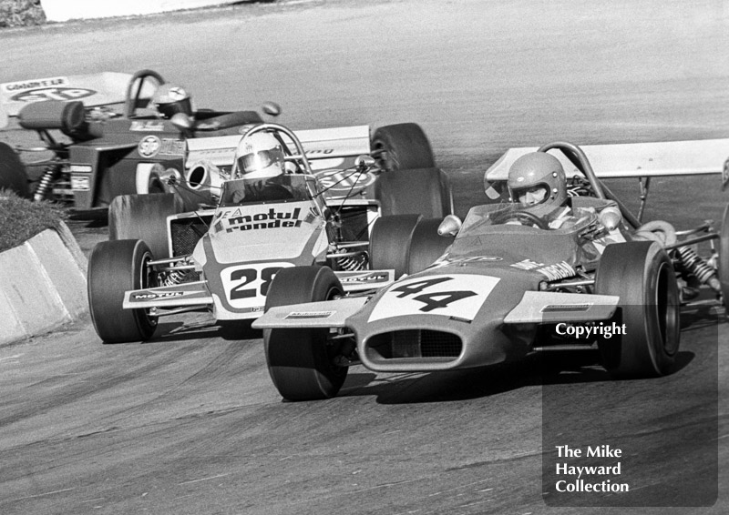 David Morgan, Edward Reeves Brabham BT35-8; Carlos Reutemann, Motul Brabham BT38-11; and Niki Lauda, STP March 722-5, Mallory Park, Formula 2, 1972.
