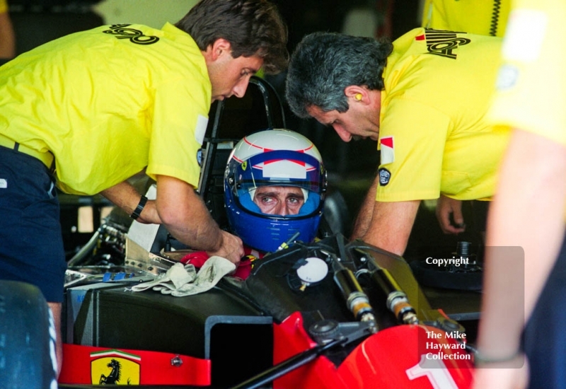 Alain Prost, Ferrari 641, in the pit garage at Silverstone, British Grand Prix 1990.
