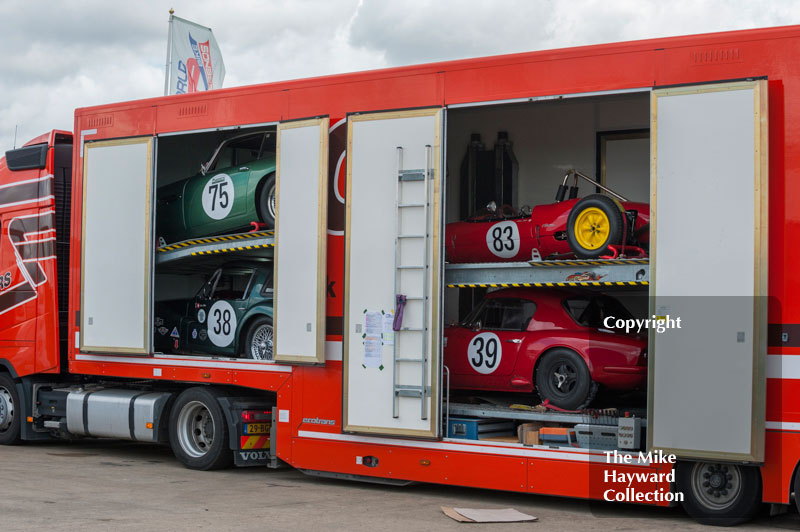 Aston Martin DB4GT, DB3S, Lotus Elan 26R and Lotus 22 Formula Junior of Urs Mueller, 2016 Silverstone Classic.
