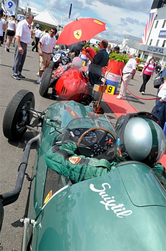 Hubert Fabri, 1959 Aston Martin DBR4, queuing in the paddock prior to the HGPCA pre-1966 Grand Prix Cars Race, Silverstone Classic 2009.