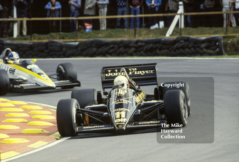 Elio de Angelis, JPS Lotus 97T, at Druids Bend, Brands Hatch, 1985 European Grand Prix.
