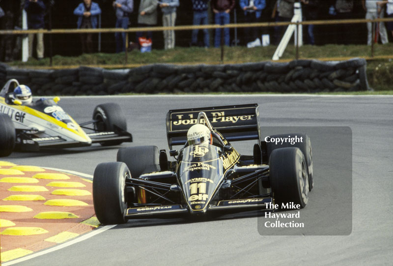 Elio de Angelis, JPS Lotus 97T, at Druids Bend, Brands Hatch, 1985 European Grand Prix.
