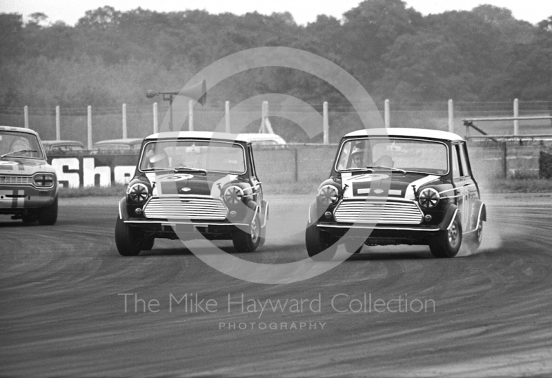 John Rhodes and Steve Neal at Becketts Corner in Cooper Car Company Mini Cooper S's, Silverstone Martini International Trophy 1968.
