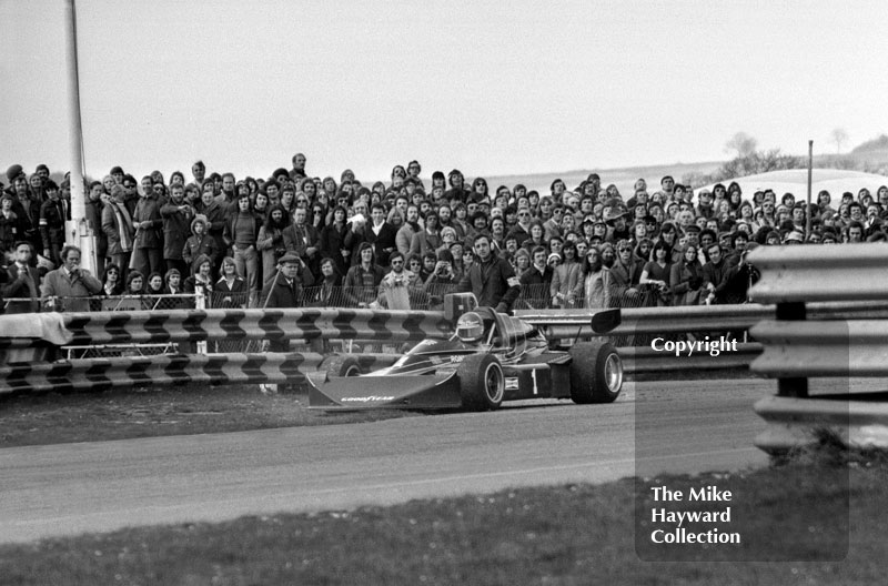 Ronnie Peterson, March 752, at the chicane before a multiple accident, Wella European Formula 2 Championship, Thruxton, 1975.
