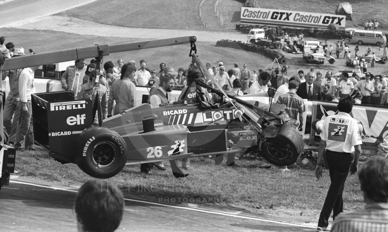 Jacques Laffite's Ligier after first lap accident, Brands Hatch, British Grand Prix 1986.
