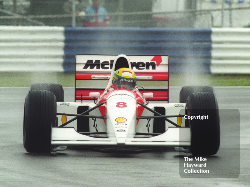 Ayrton Senna, McLaren MP4-8, seen during wet qualifying at Silverstone for the 1993 British Grand Prix.
