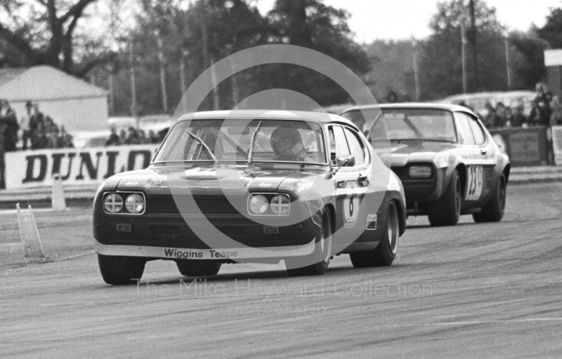 Brian Muir, Wiggins Teape Ford Capri V6, and Mick Hill, Tricentrol Ford Boss Capri, saloon car race, Super Sports 200 meeting, Silverstone, 1972.
