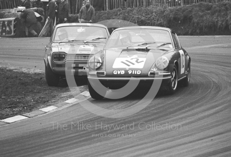 Nick Faure, Demetriou Group Porsche 911 (GVB 911D), and&nbsp;Alan Peer, Roger Taylor Ford Escort, Brands Hatch, Race of Champions meeting 1969.
