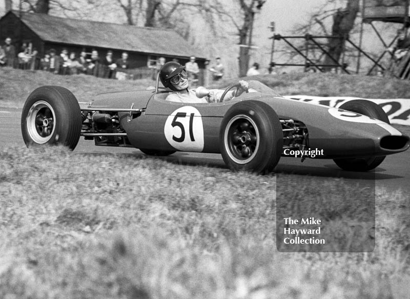 Race winner Roy Pike, California Racing Parnership Brabham BT16, at Lodge Corner, Formula 3 race, Oulton Park Spring Race meeting, 1965.
