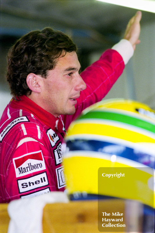 Ayrton Senna in the pits at the 1992 British Grand Prix, Silverstone.
