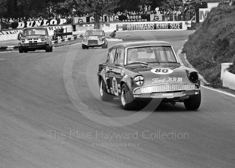 J Macdonald, Ford Anglia BRM, Hepolite Glacier Saloon Race, Mallory Park, 1971
