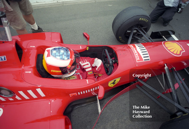 Michael Schumacher, Ferrari F310 in the pit lane, Silverstone, British Grand Prix 1996.
