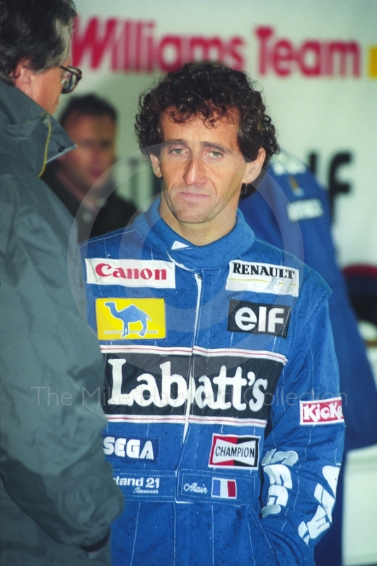 Alain Prost, in the Williams pit garage at Silverstone for the 1993 British Grand Prix.
