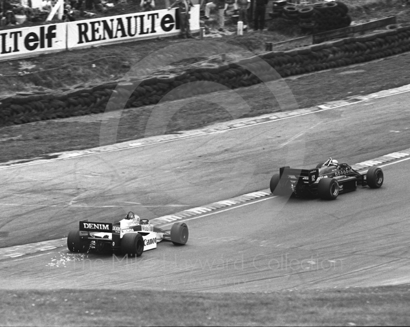 Ayrton Senna, JPS Lotus 97T/4, leads Keke Rosberg, Canon Williams Honda FW107, 1985 European Grand Prix, Brands Hatch
