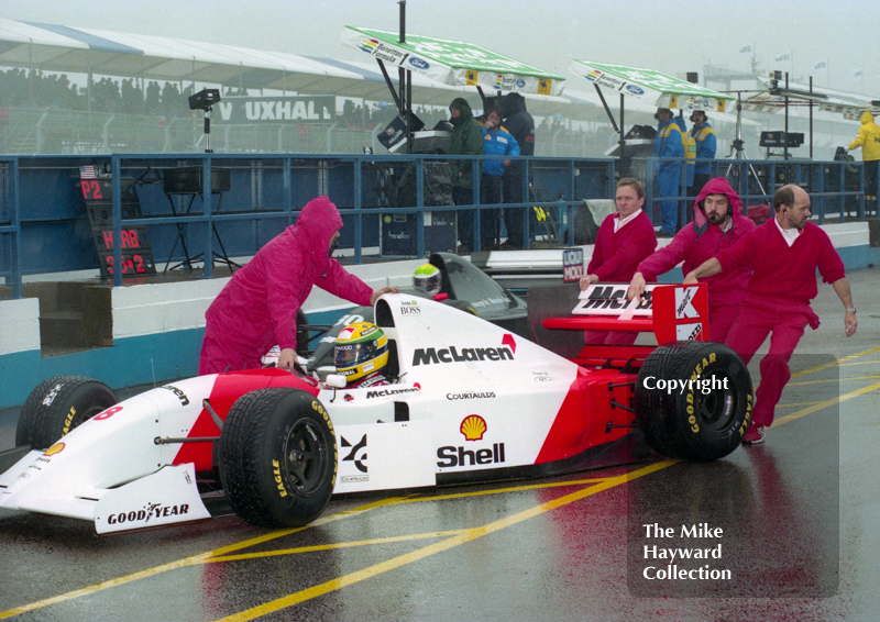 Ayrton Senna, McLaren MP4/8 in the pit lane during qualifying, Donington Park, European Grand Prix 1993.