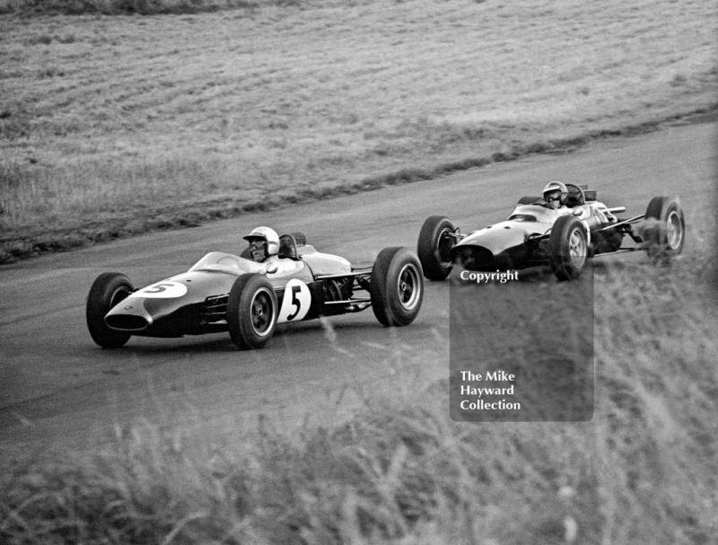 Jack Brabham, Repco Brabham, and Jim Clark, Ron Harris Lotus 32, Oulton Park Gold Cup meeting, 1964.
