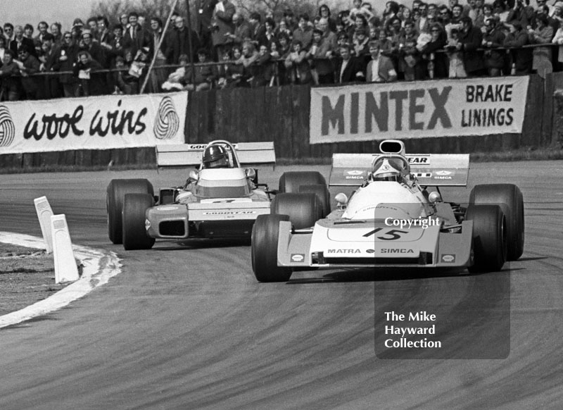 Jean-Pierre Beltoise, Matra Simca MS120B, and Graham Hill, Brabham BT34, Silverstone International Trophy 1971.
