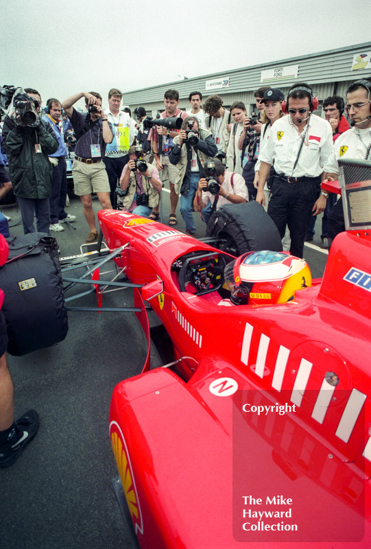 Michael Schumacher, Ferrari F310 in the pit lane, Silverstone, British Grand Prix 1996.
