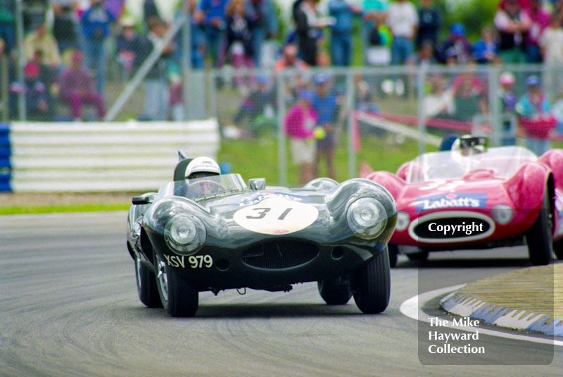 D-Type (XSV 979)&nbsp;Jaguar followed by Lister Jaguar, 1993 Labatts World Endurance 1950's Sports Car Race, 1993 British Grand Prix, Silverstone.
