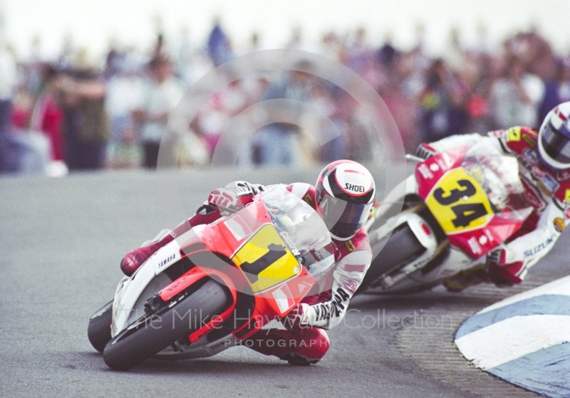 Wayne Rainey, Marlboro Team Roberts Yamaha, leads Kevin Schwantz, Team Lucky Strike Suzuki, Donington Park, British Grand Prix 1991.