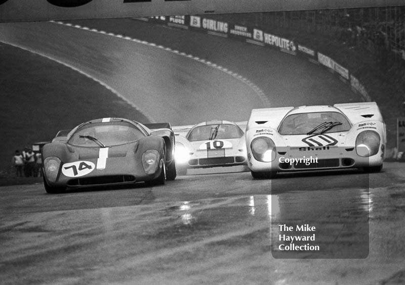 Vic Elford/Denny Hulme, Porsche 917; Pedro Rodriguez/Leo Kinnunen, Porsche 917; and John Bridges/Peter Lawson, Chevron B16, Brands Hatch BOAC 1000k 1970.
