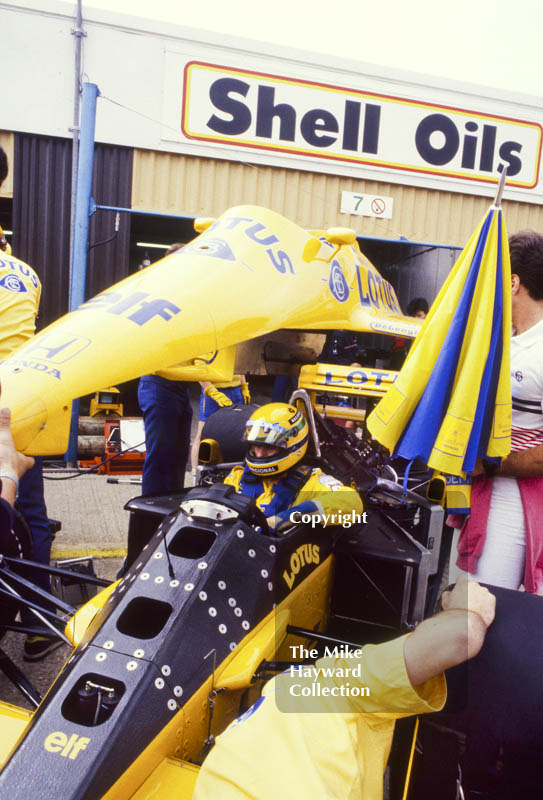 Ayrton Senna, Camel Lotus 99T, during practice for the British Grand Prix, Silverstone, 1987.
