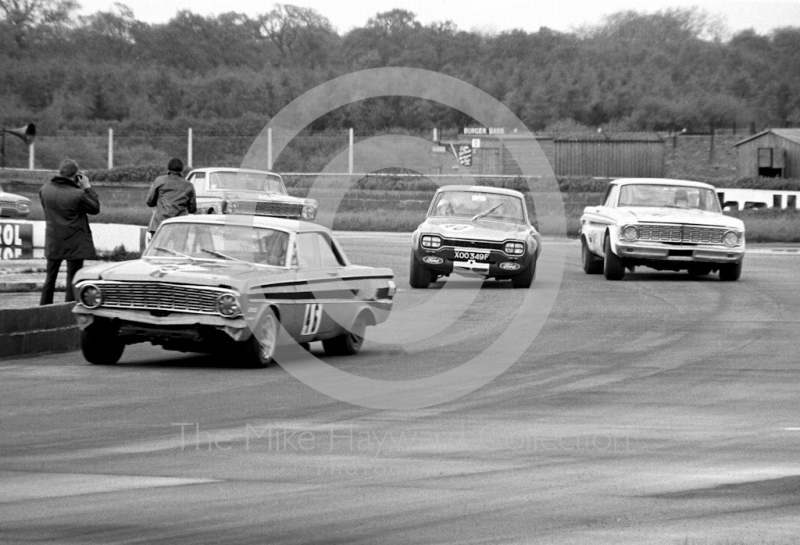 Roy Pierpoint, W J Shaw Ford Falcon Sprint, and Frank Gardner, Alan Mann Ford Escort, Silverstone Martini International Trophy meeting 1969.
