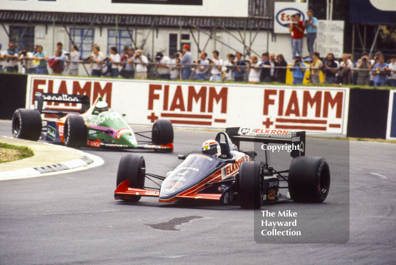 Philippe Alliot, Lola LC87, retired on lap 7 with gearbox trouble, ahead of Teo Fabi, Benetton B187,&nbsp;British Grand Prix, Silverstone, 1987
