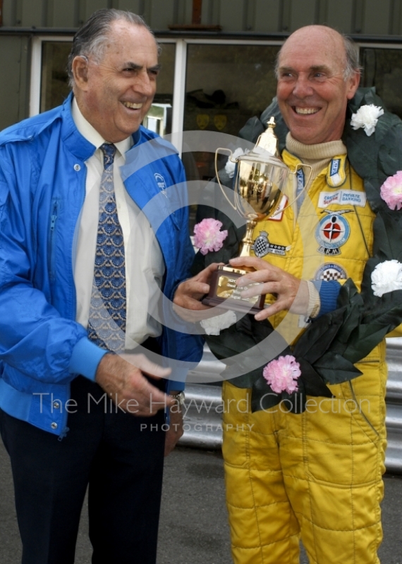 Jack Brabham presents trophy to Richard Attwood, Oulton Park Gold Cup, 2002