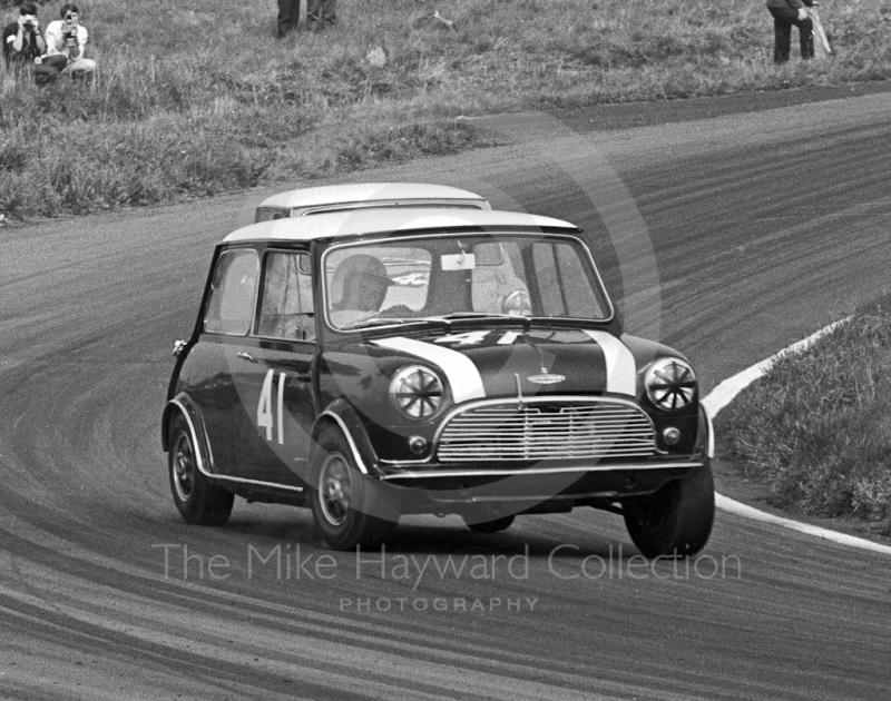John Handley, Cooper Car Company Mini Cooper S, heading for 2nd in class, with a time on the Knickerbrook Straight of 113.49mph, Oulton Park Gold Cup meeting, 1967.
