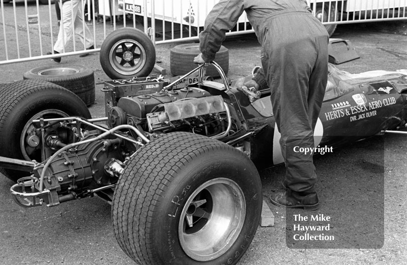 A mechanic works on Jack Oliver's Herts and Essex Aero Club Lotus 48 at the Thruxton Easter Monday F2 International meeting, 1968.
