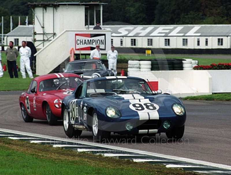 A Shelby Cobra leads Robin Longdon's Lotus Elite out of the chicane, Goodwood Revival, 1999