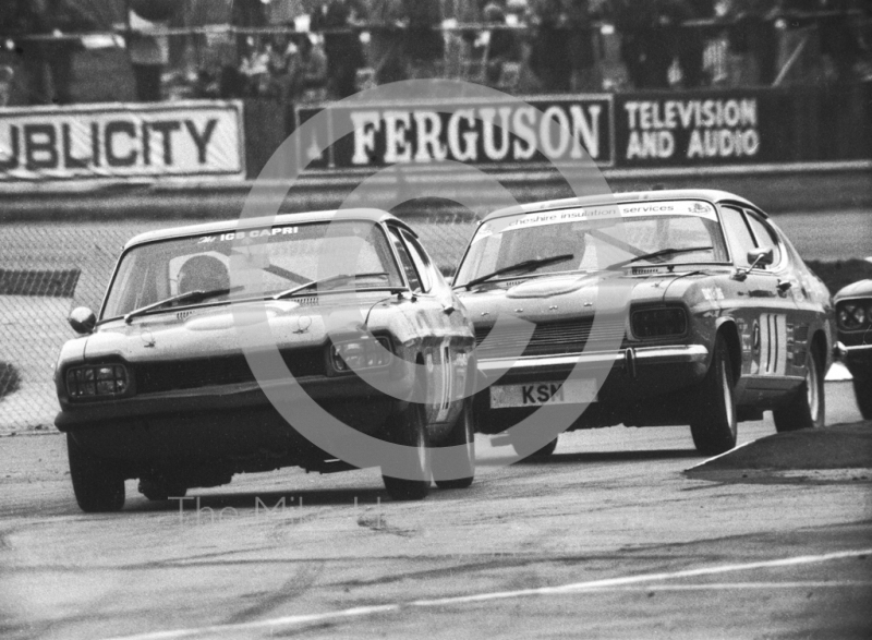 Marc Smith, Ford Capri, brings up the rear, Britax Production Saloon Car Race, European F2 Championship meeting, Silverstone 1975.
