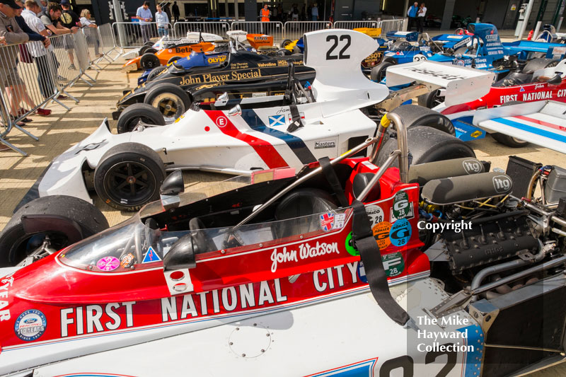 FIA Masters Historic Formula 1 cars in the paddock, 2016 Silverstone Classic.
