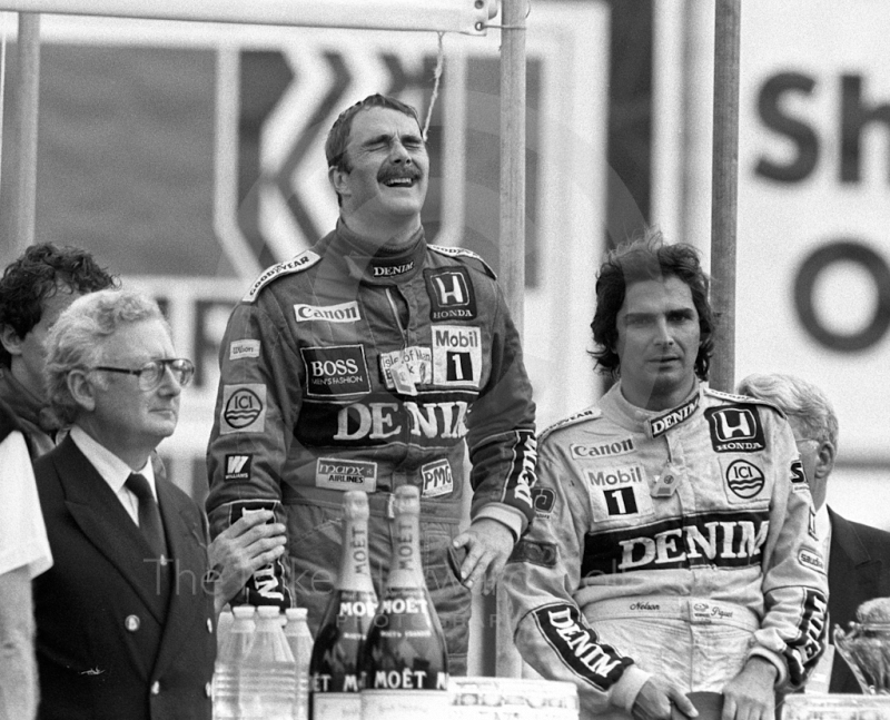 Nigel Mansell, Williams Honda, and Nelson Piquet, Williams Honda, Brands Hatch, British Grand Prix 1986.
