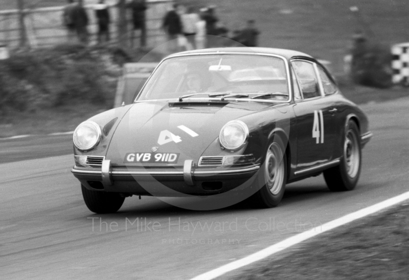 Vic Elford, Porsche 911 (reg no GVB 911D), Lombank Trophy Saloon Car Race, Race of Champions meeting, Brands Hatch 1967.
