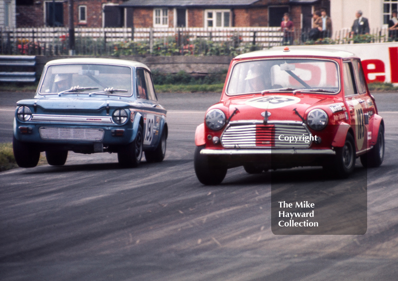 Peter Baldwin, Mini Cooper S, and Melvyn Adams, Anthony Charnell Sunbeam Imp, Oulton Park Gold Cup meeting 1971.
