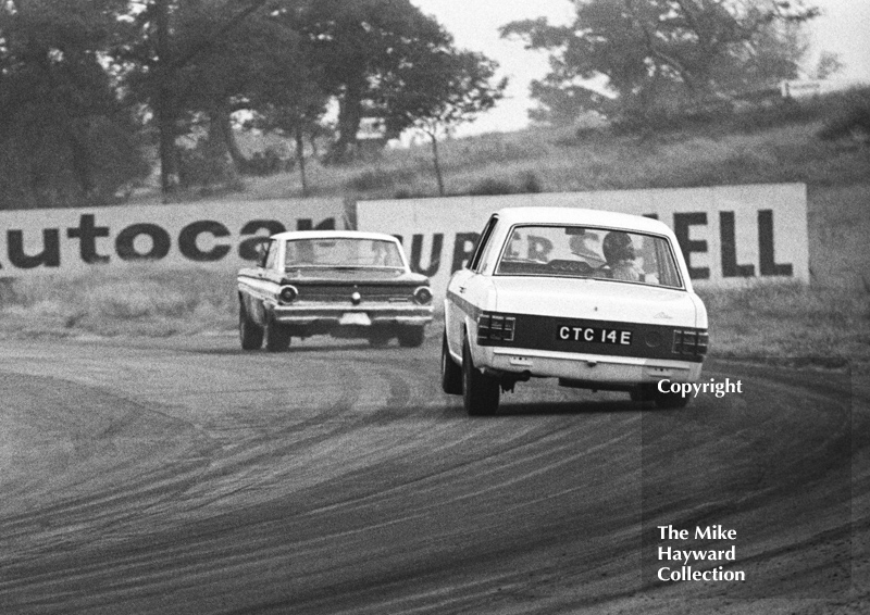 Graham Hill, Team Lotus Cortina, CTC 14E, chases a Ford Falcon out of Cascades before retiring on lap 18 having set fastest lap in Class A of 89.22mph, Oulton Park Gold Cup meeting, 1967.