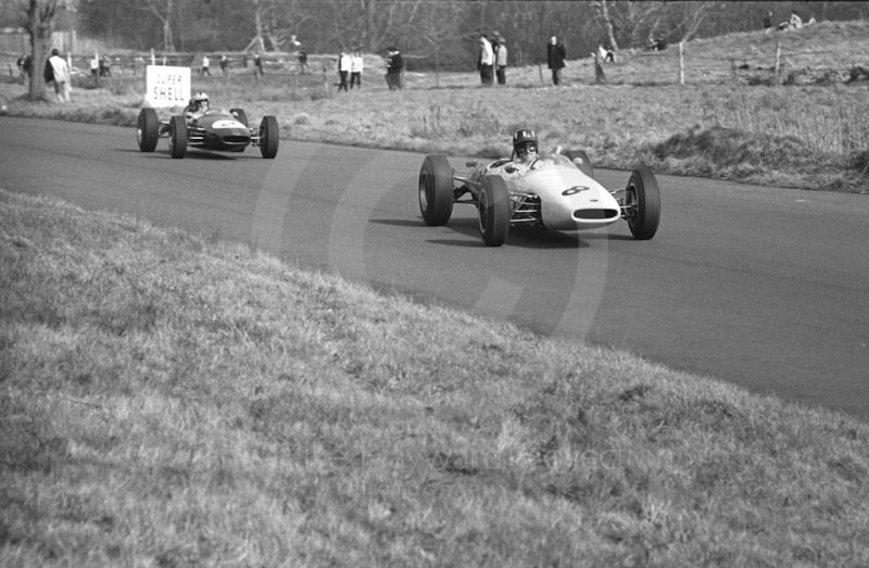 Graham Hill, John Coombs Brabham BT16 BRM, leads winner Denny Hulme, Brabham BT16, down The Avenue, Oulton Park, Spring International 1965.
