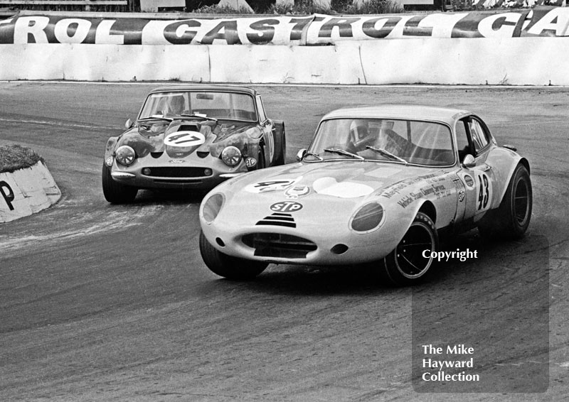 Brian Murphy, Jaguar E type, and Brian Hough, Mayfield Motors TVR Tuscan, STP Modified Sports Cars, Mallory Park, May, 1971
