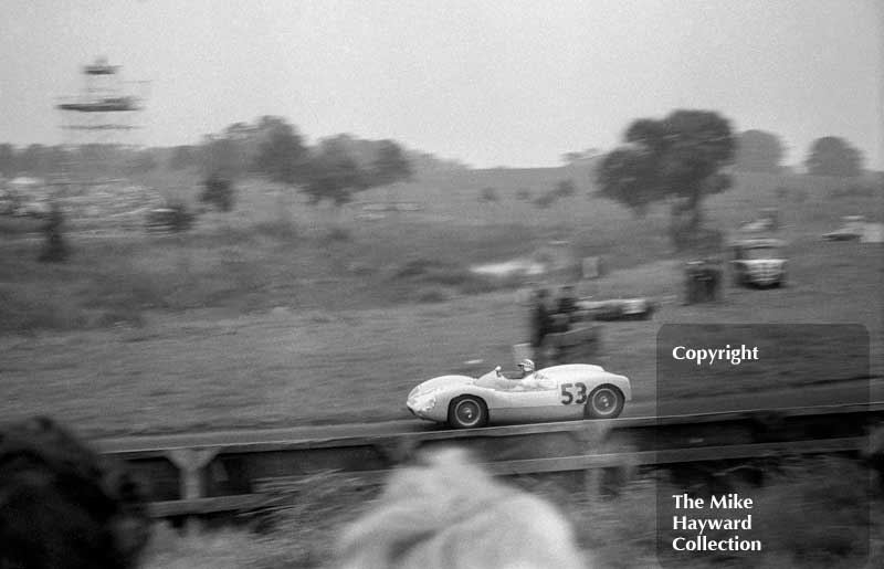 Innes Ireland, UDT Lotus 19 Monte Carlo, 1962 Oulton Park Gold Cup. Ireland won the sports car race a full minute ahead of Jim Clark.
