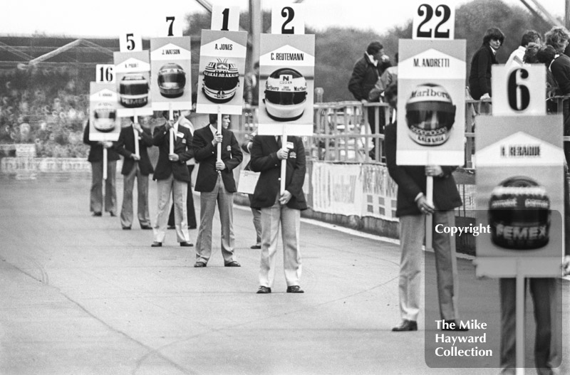 Name boards on the grid before the start of the 1981 British Grand Prix at Silverstone.
