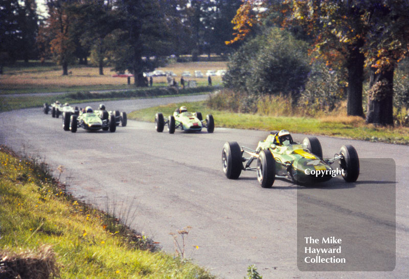 Jim Clark, F2 Ron Harris Lotus 35 Cosworth, brakes into Esso Bend, Oulton Park Gold Cup, 1965
