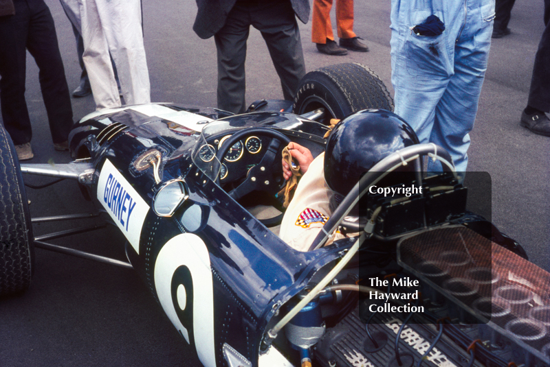 Dan Gurney in his Eagle Weslake V12 104 on the grid at Silverstone before the start of the 1967 British Grand Prix.
