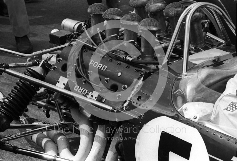 Ford Cosworth DFV V8 engine in the race-winning Lotus 49 R2 driven by Jim Clark, Silverstone, 1967 British Grand Prix.
