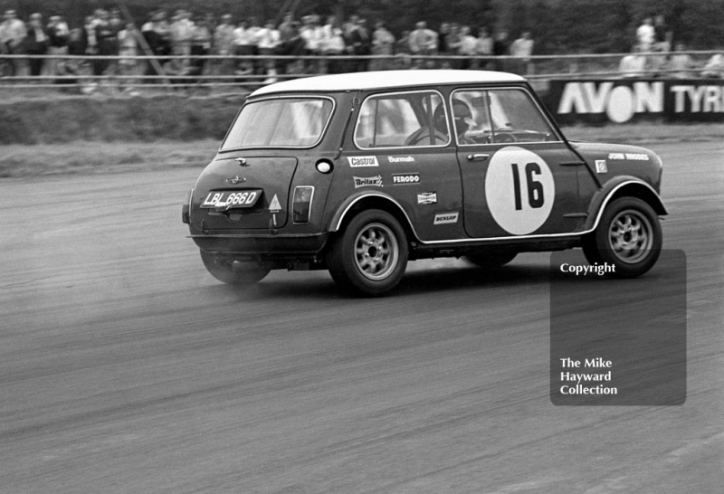 John Rhodes, British Leyland Mini Cooper S, at Copse Corner, Silverstone, British Grand Prix meeting 1969.
