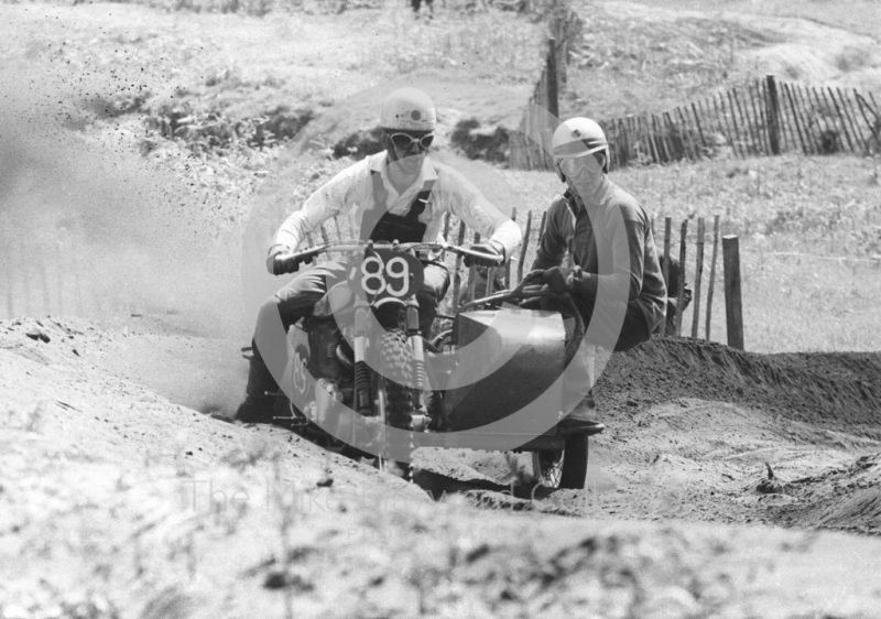 Sidecar powers through the sand, 1966 motocross meeting, Hawkstone. 