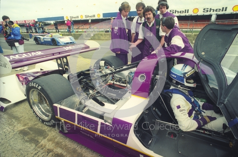 Alain Ferte, Jaguar XJR-11 in the pits, Shell BDRC Empire Trophy, Round 3 of the World Sports Prototype Championship, Silverstone, 1990.
