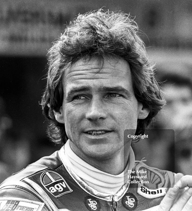 Barry Sheene in the pits at the John Player International Meeting, Donington Park, 1982.
